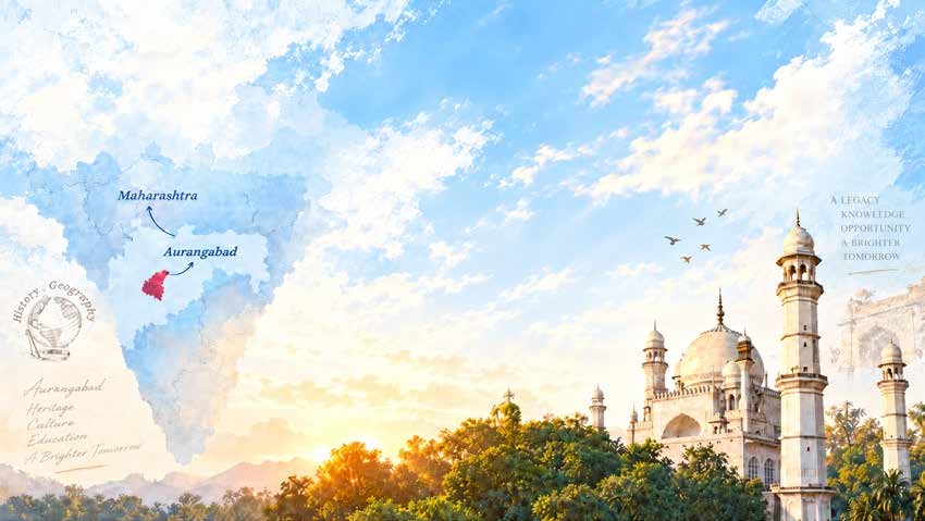 City illustration featuring Bibi Ka Maqbara and Aurangabad on a map of Maharashtra